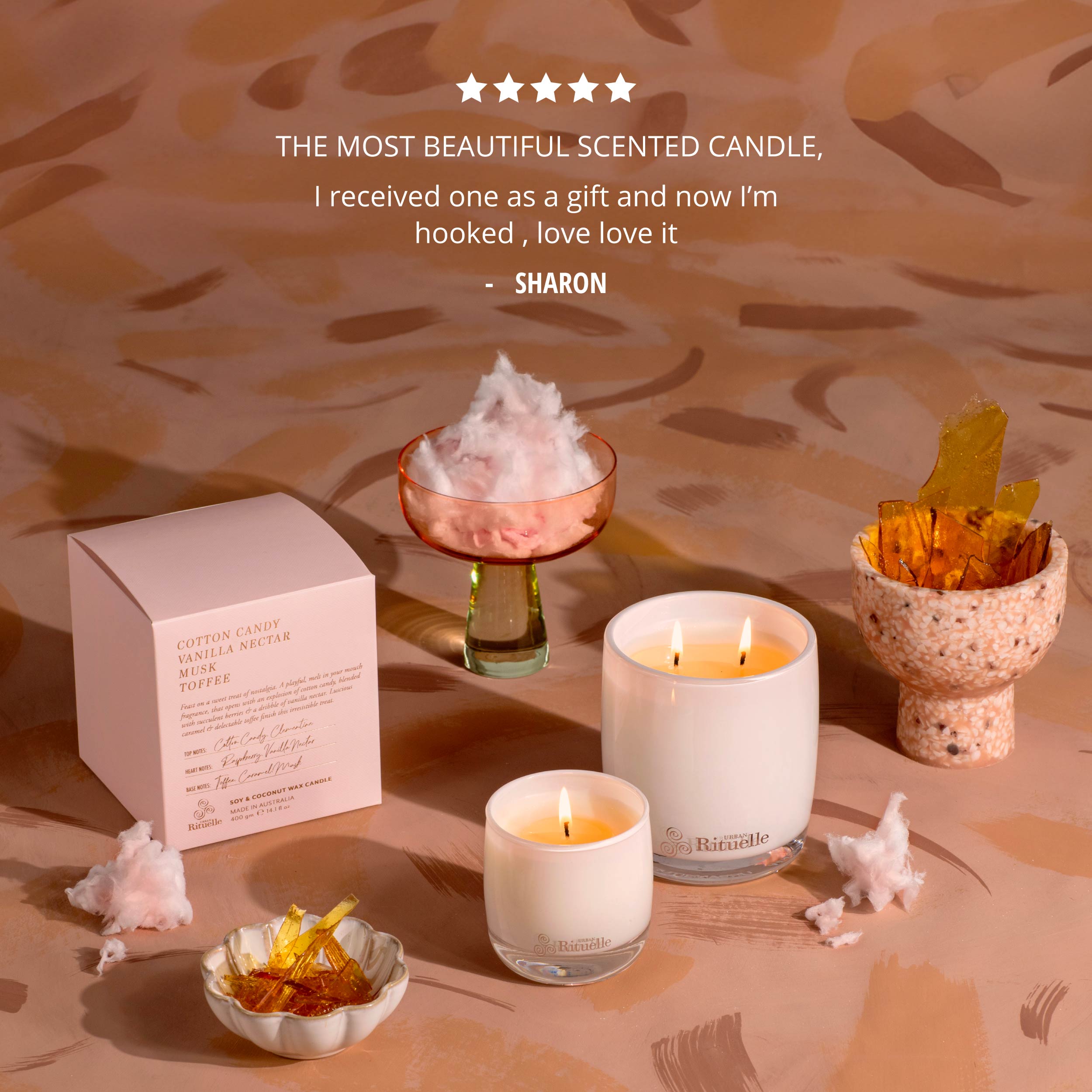 Cotton Candy, Vanilla Nectar, Musk, Toffee<br> Scented Soy Candle | 400gm