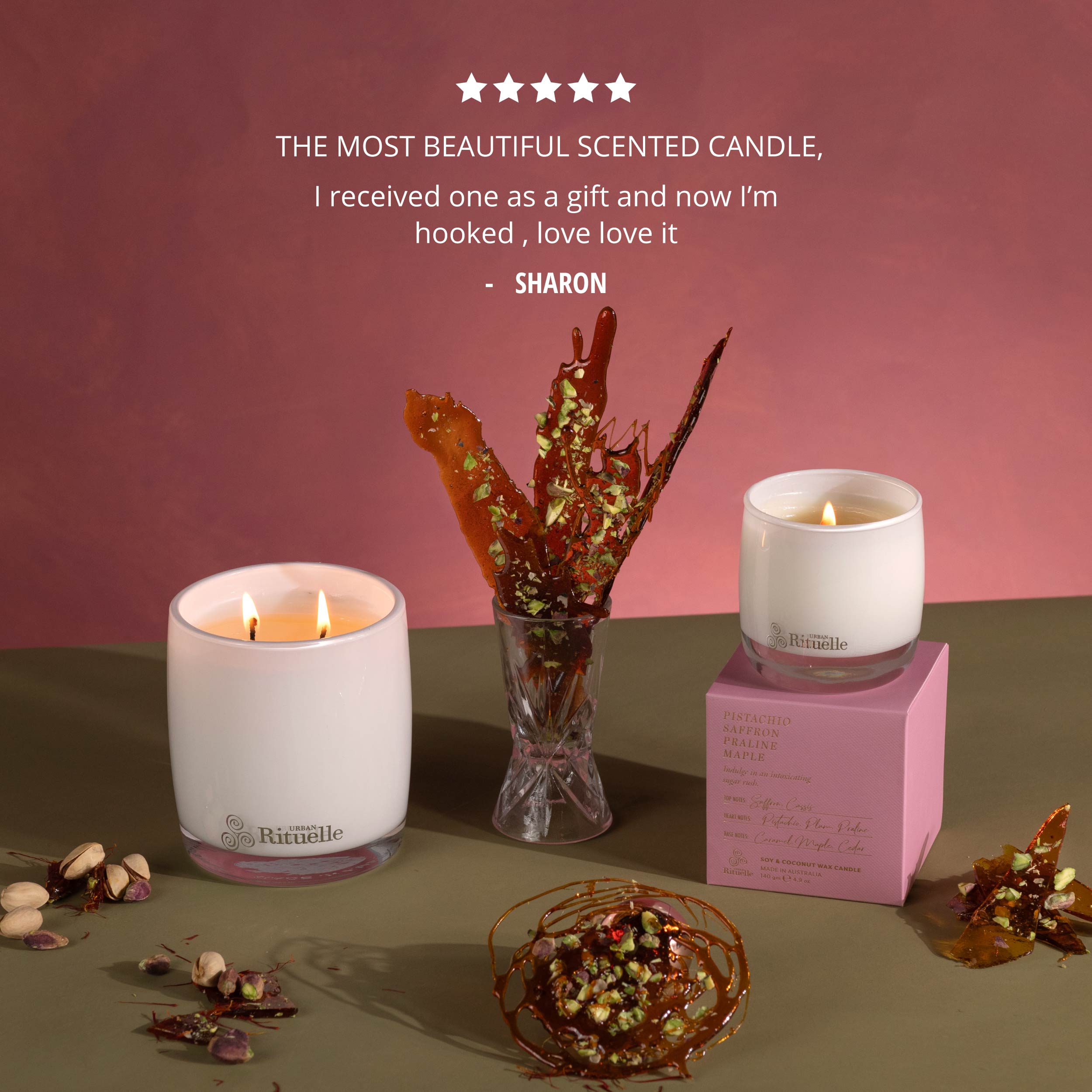 Pistachio, Saffron, Praline, Maple<br> Scented Soy Candle | 140gm