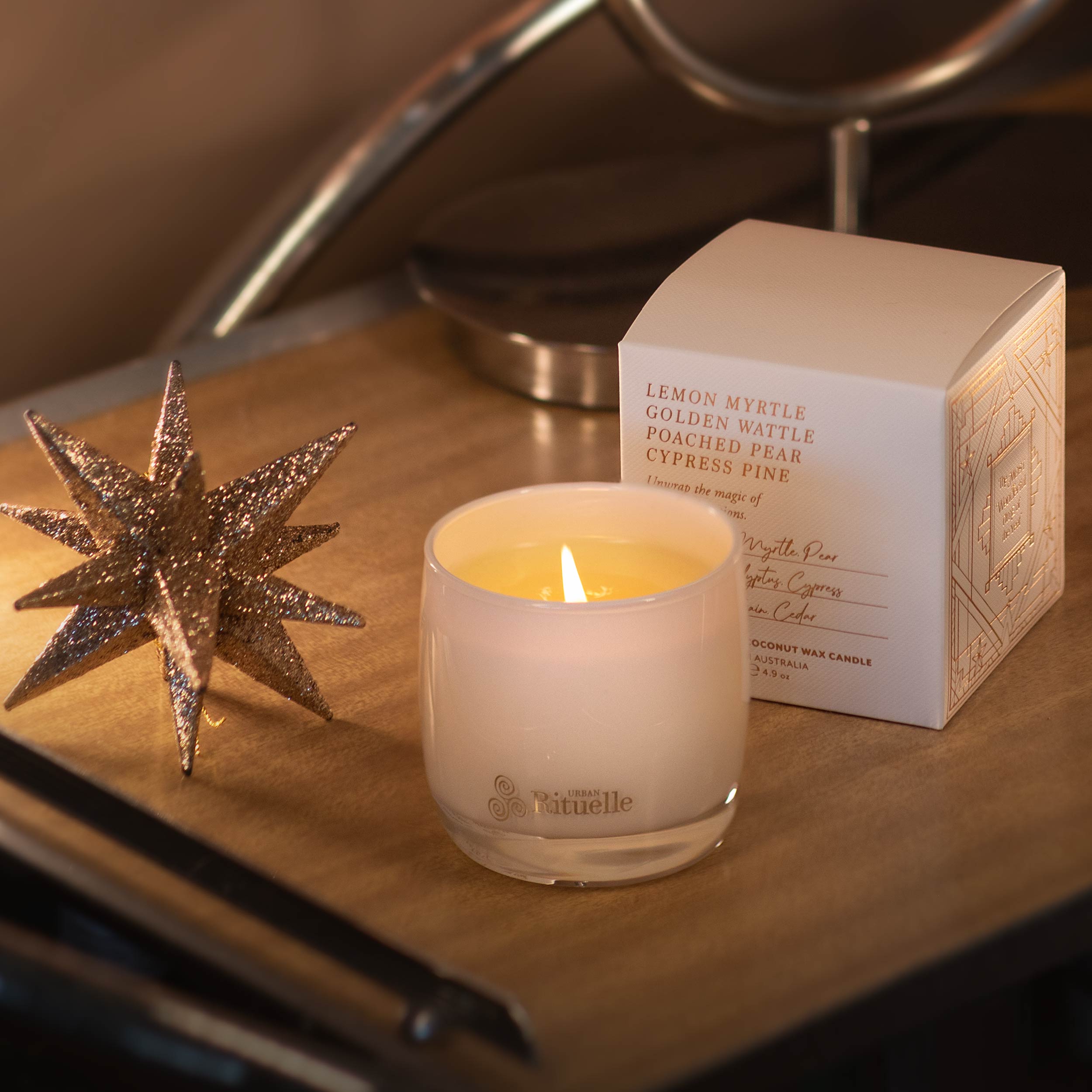 Lemon Myrtle, Golden Wattle, Poached Pear, Cypress Pine<br> Scented Soy Candle | 140gm