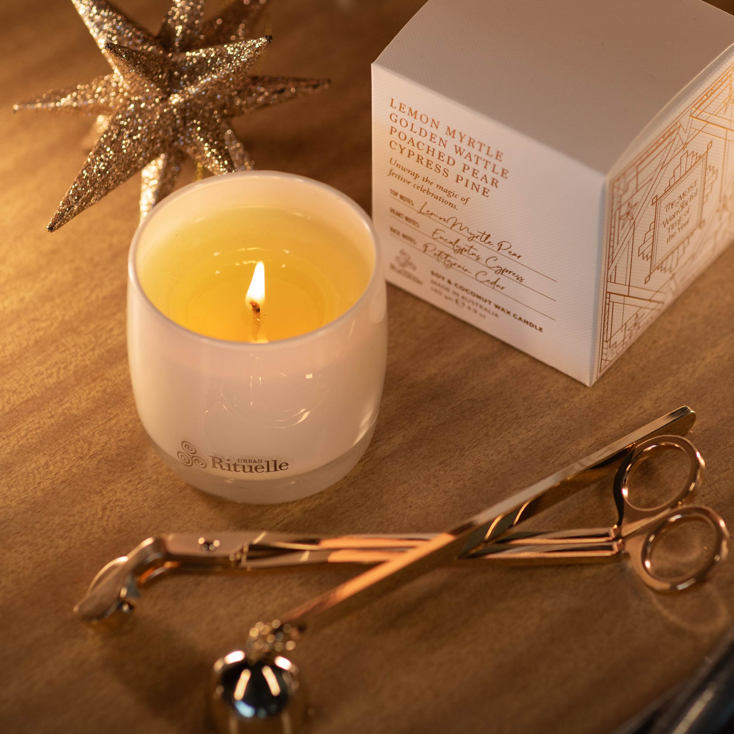 Lemon Myrtle, Golden Wattle, Poached Pear, Cypress Pine<br> Scented Soy Candle | 140gm