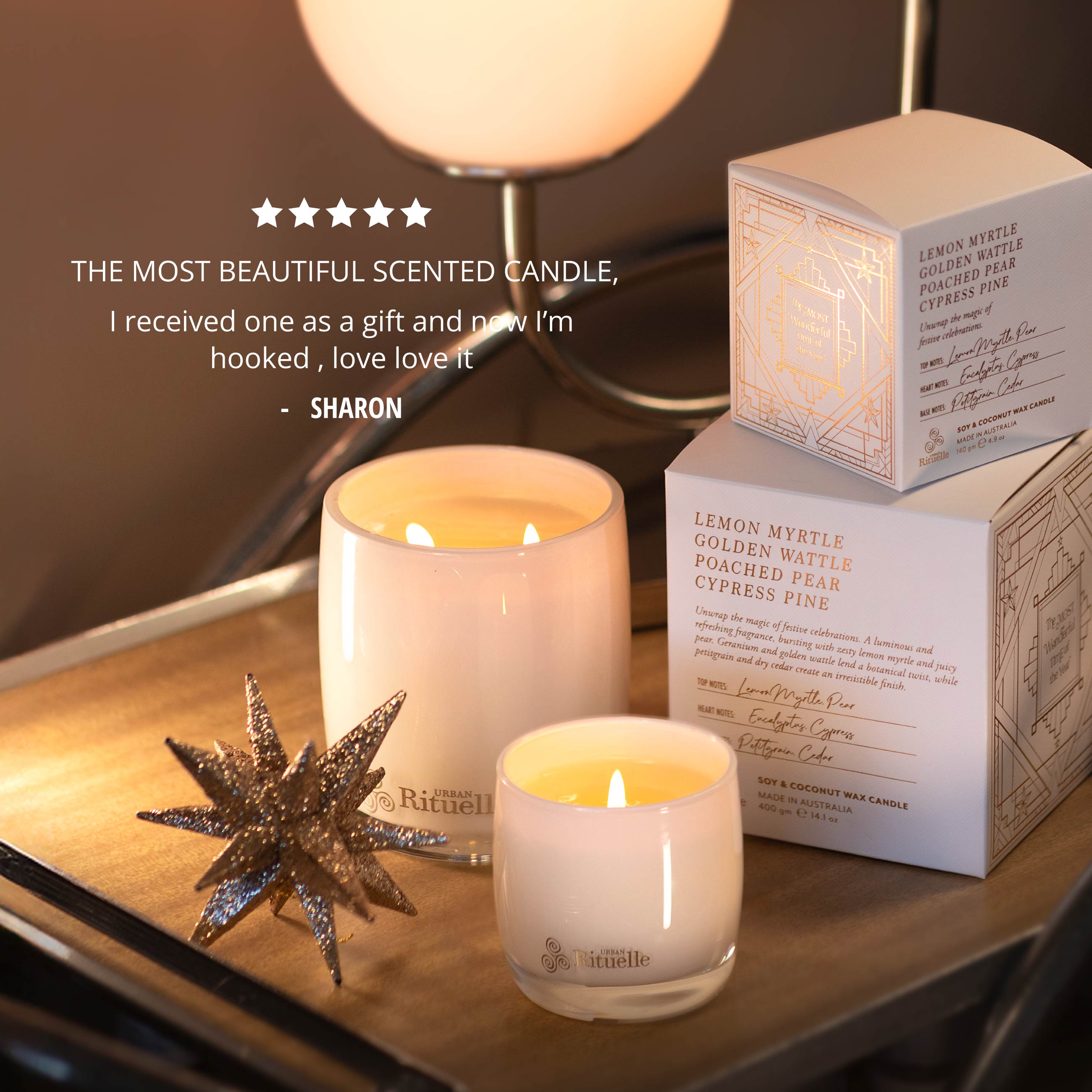 Lemon Myrtle, Golden Wattle, Poached Pear, Cypress Pine<br> Scented Soy Candle | 140gm