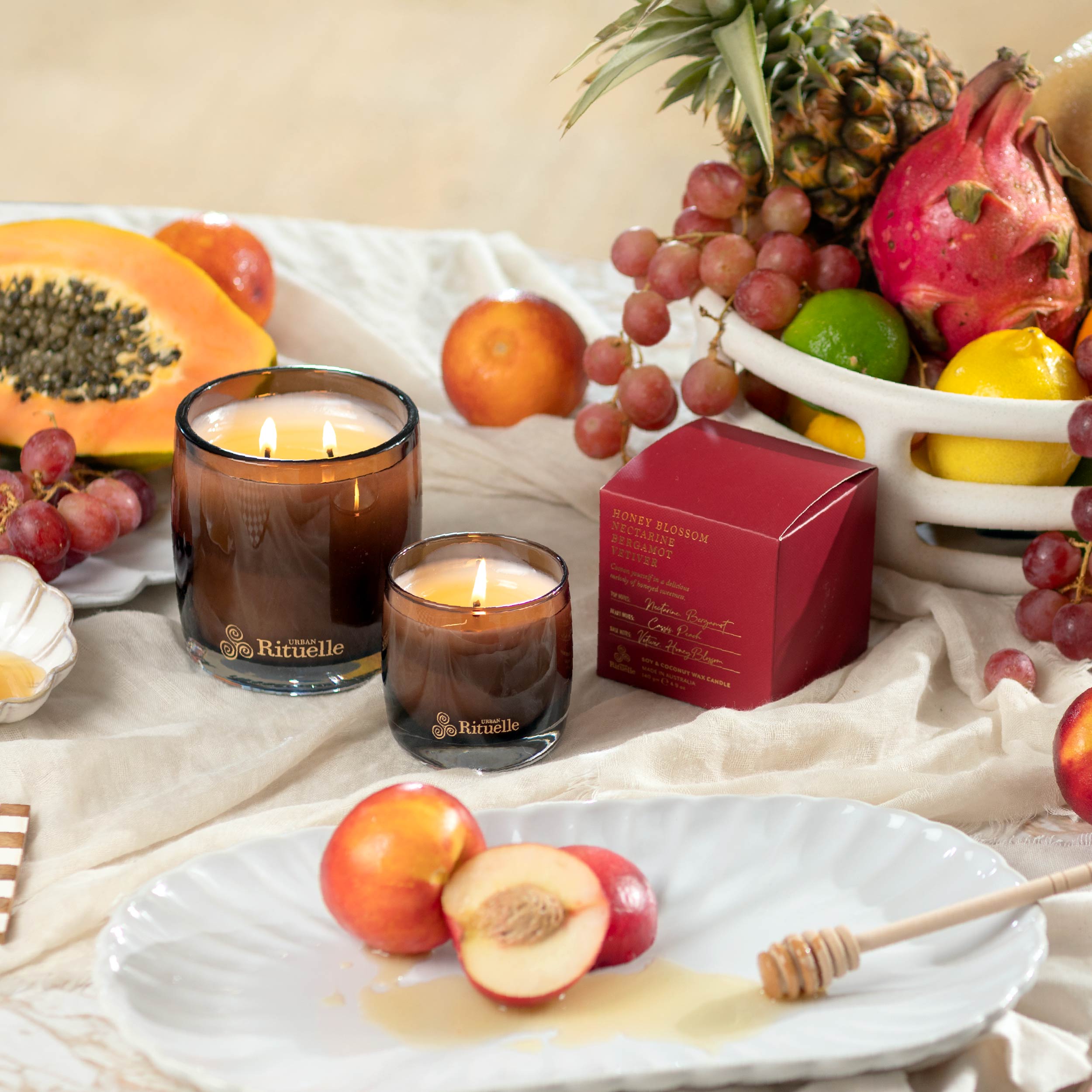 Nectarine, Honey Blossom, Bergamot, Vetiver<br> Scented Soy Candle | 140gm