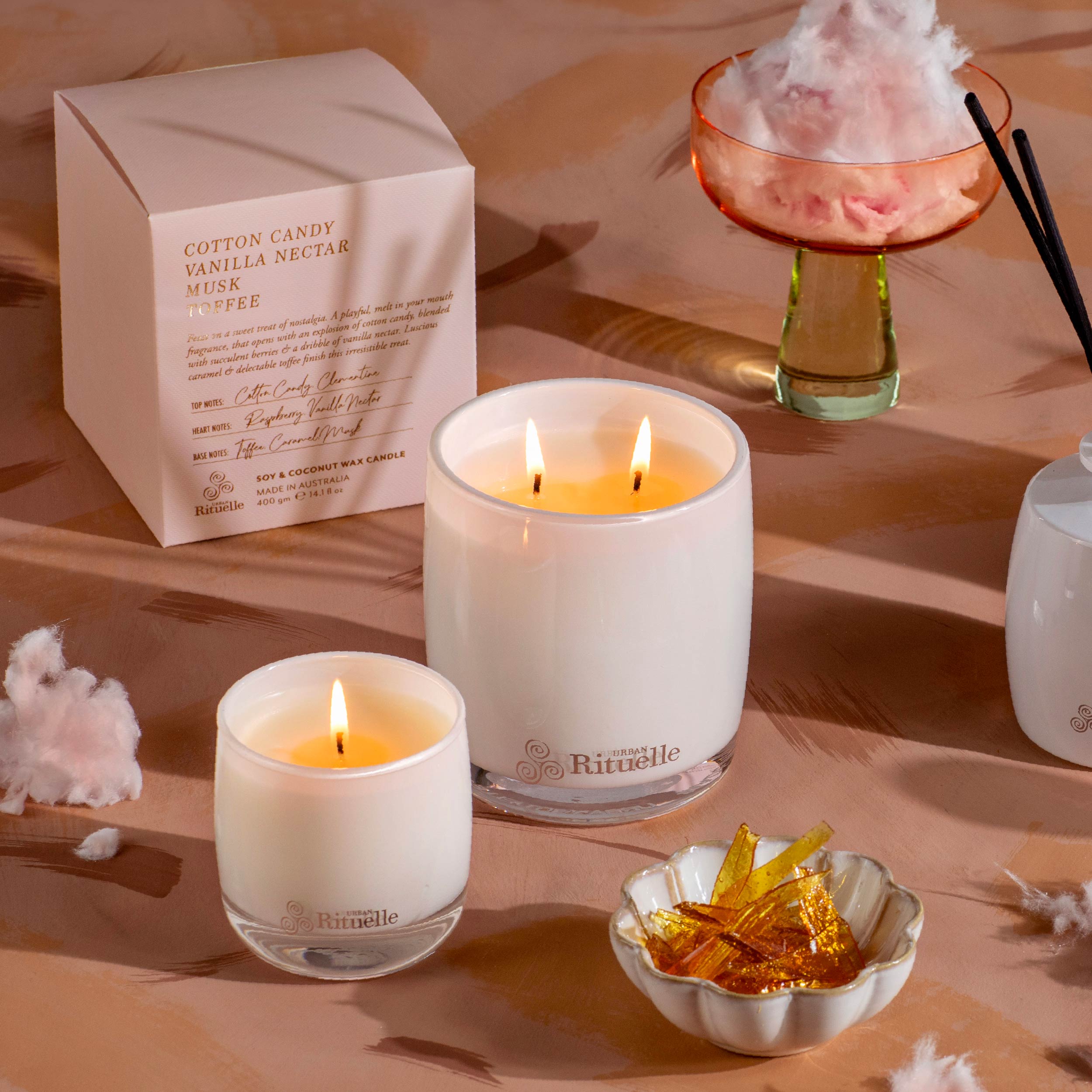 Cotton Candy, Vanilla Nectar, Musk, Toffee<br> Scented Soy Candle | 400gm