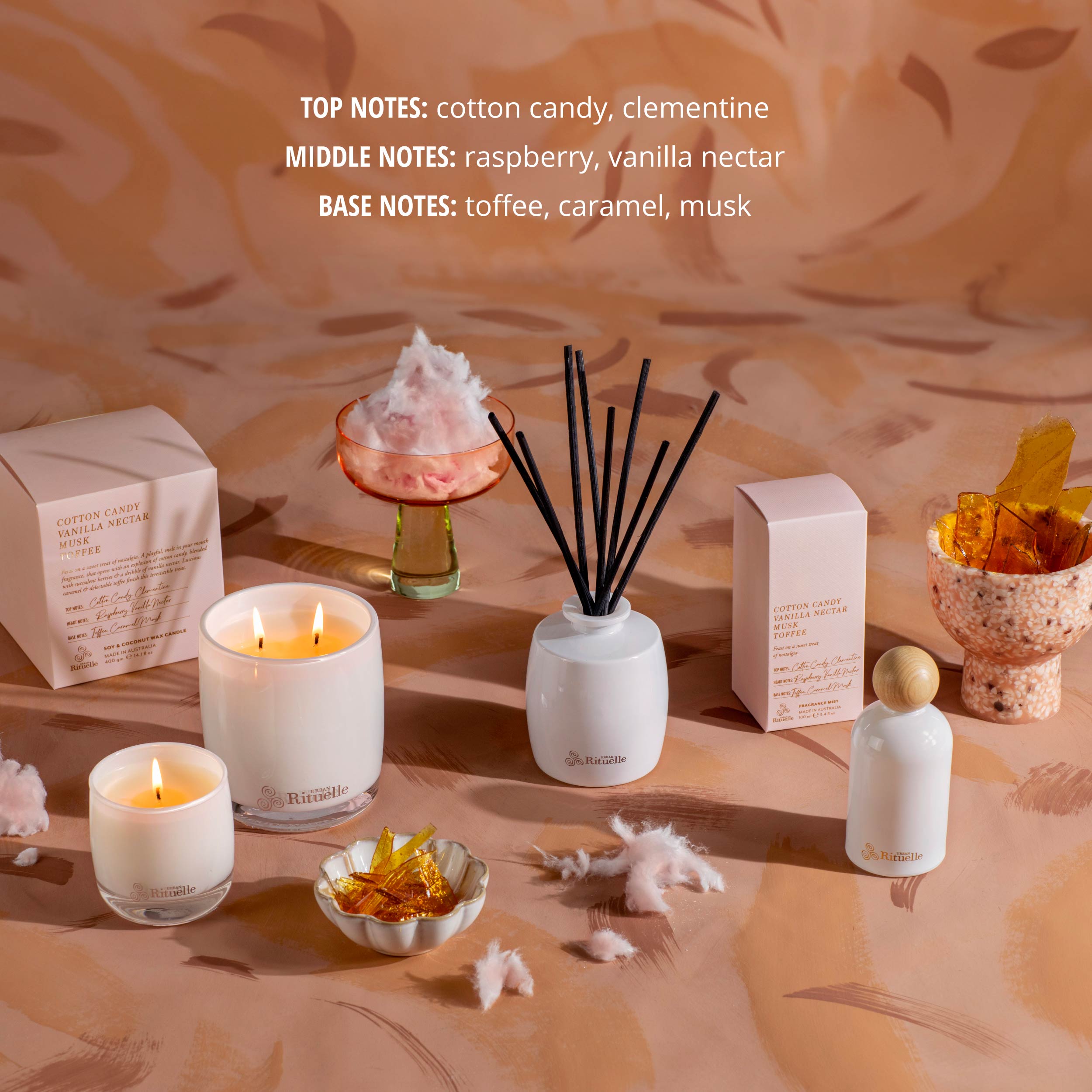 Cotton Candy, Vanilla Nectar, Musk, Toffee<br> Scented Soy Candle | 400gm