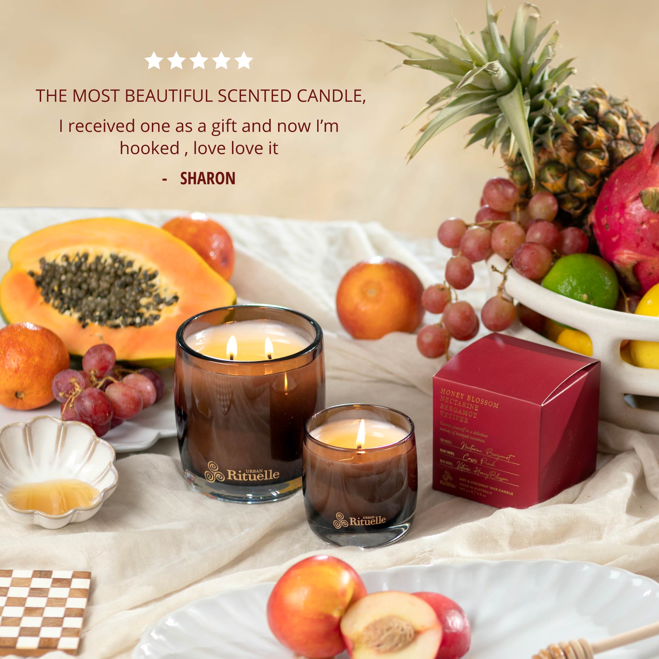 Nectarine, Honey Blossom, Bergamot, Vetiver<br> Scented Soy Candle | 140gm