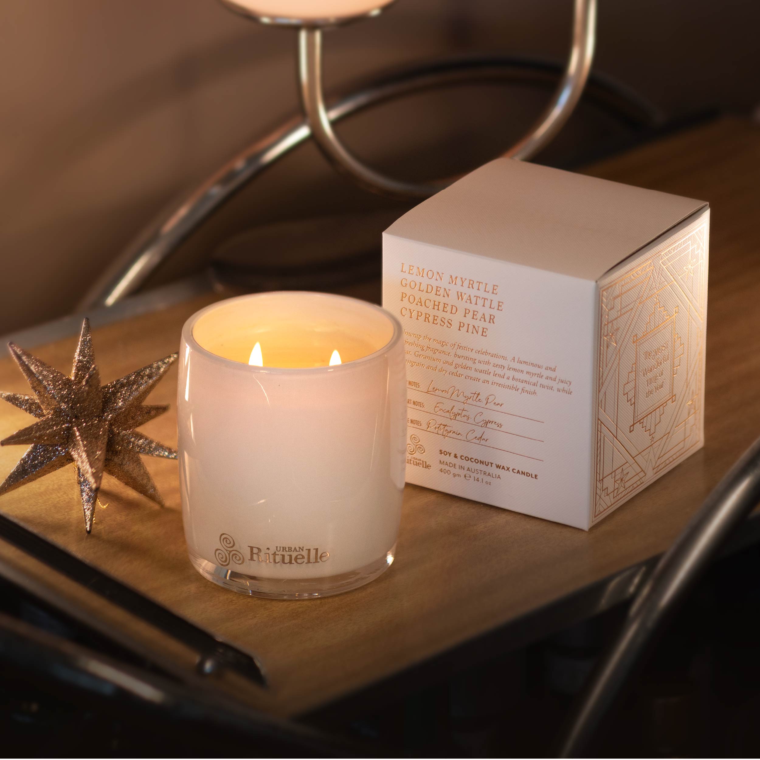 Lemon Myrtle, Golden Wattle, Poached Pear, Cypress Pine<br> Scented Soy Candle | 400gm