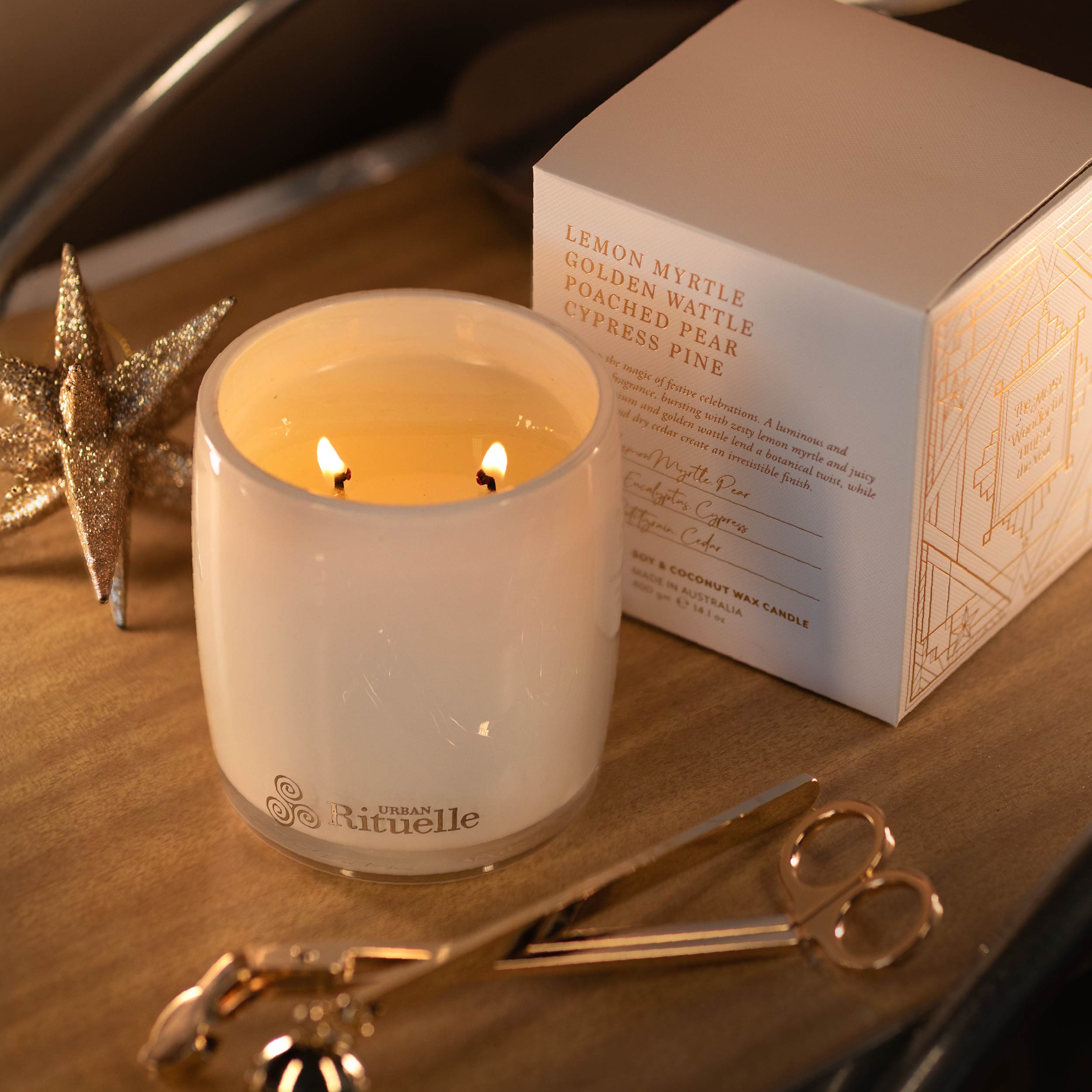 Lemon Myrtle, Golden Wattle, Poached Pear, Cypress Pine<br> Scented Soy Candle | 400gm