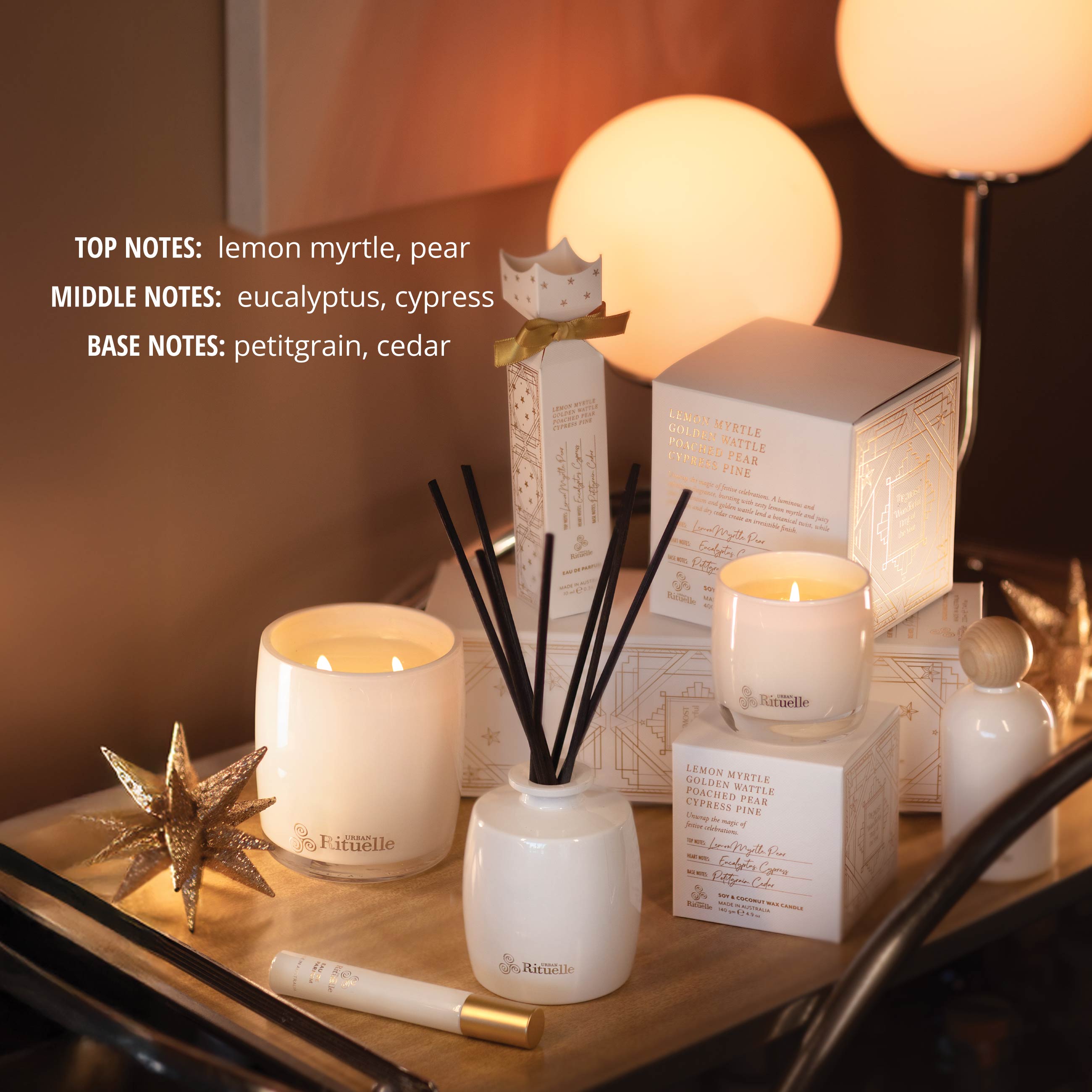 Lemon Myrtle, Golden Wattle, Poached Pear, Cypress Pine<br> Scented Soy Candle | 140gm