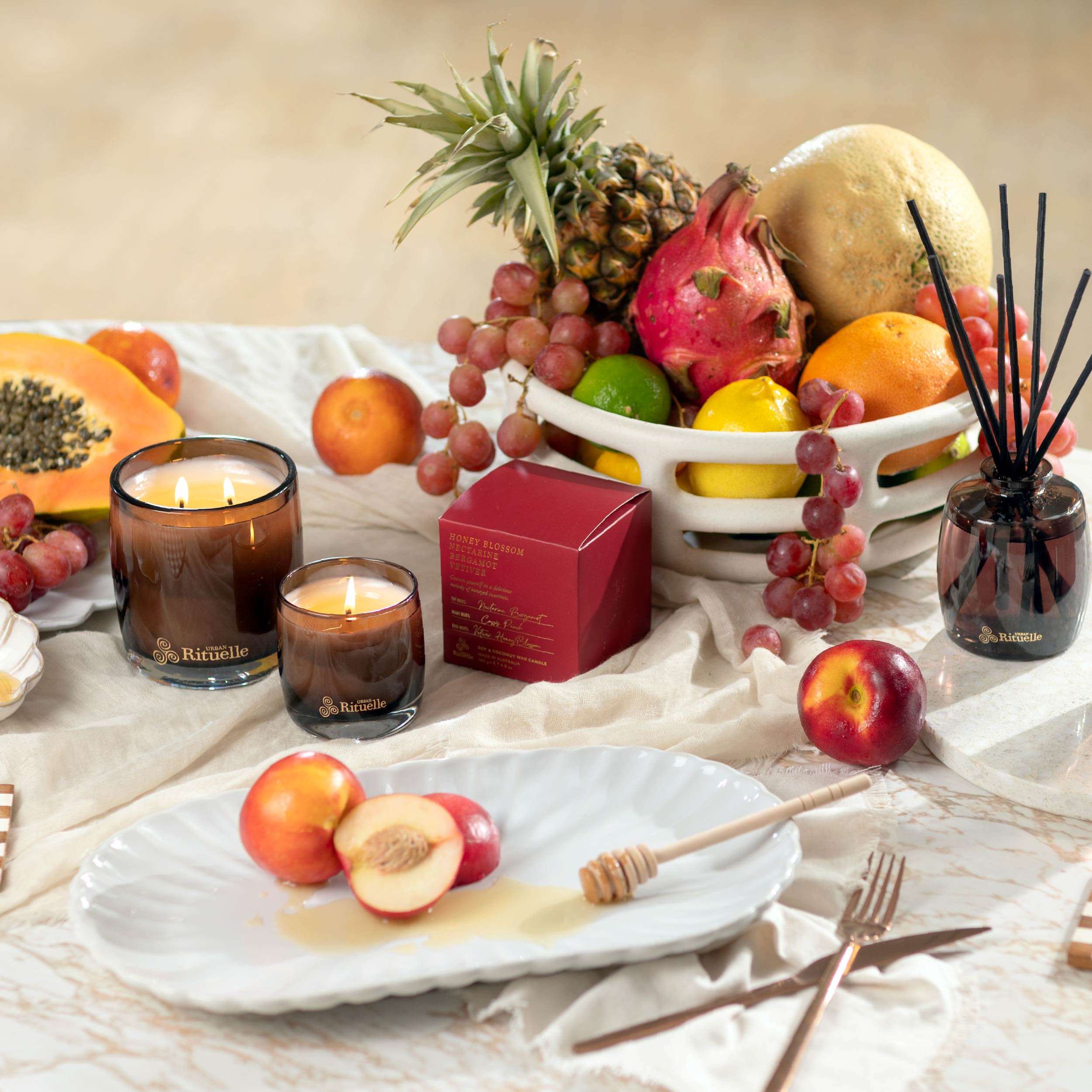 Nectarine, Honey Blossom, Bergamot, Vetiver<br> Scented Soy Candle | 140gm
